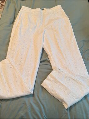Women's White Eyelet Straight-Leg Pants double lined classic old money holiday